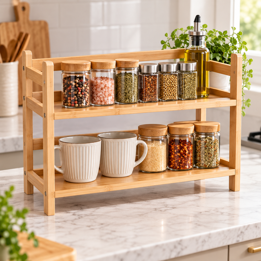 2-Tier Bamboo Countertop Organizer for Cups & Spices