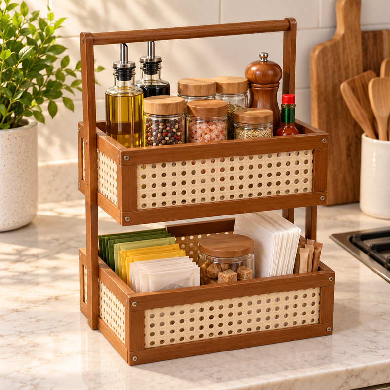 2-Tier Bamboo Countertop Organizer with Carry Handle