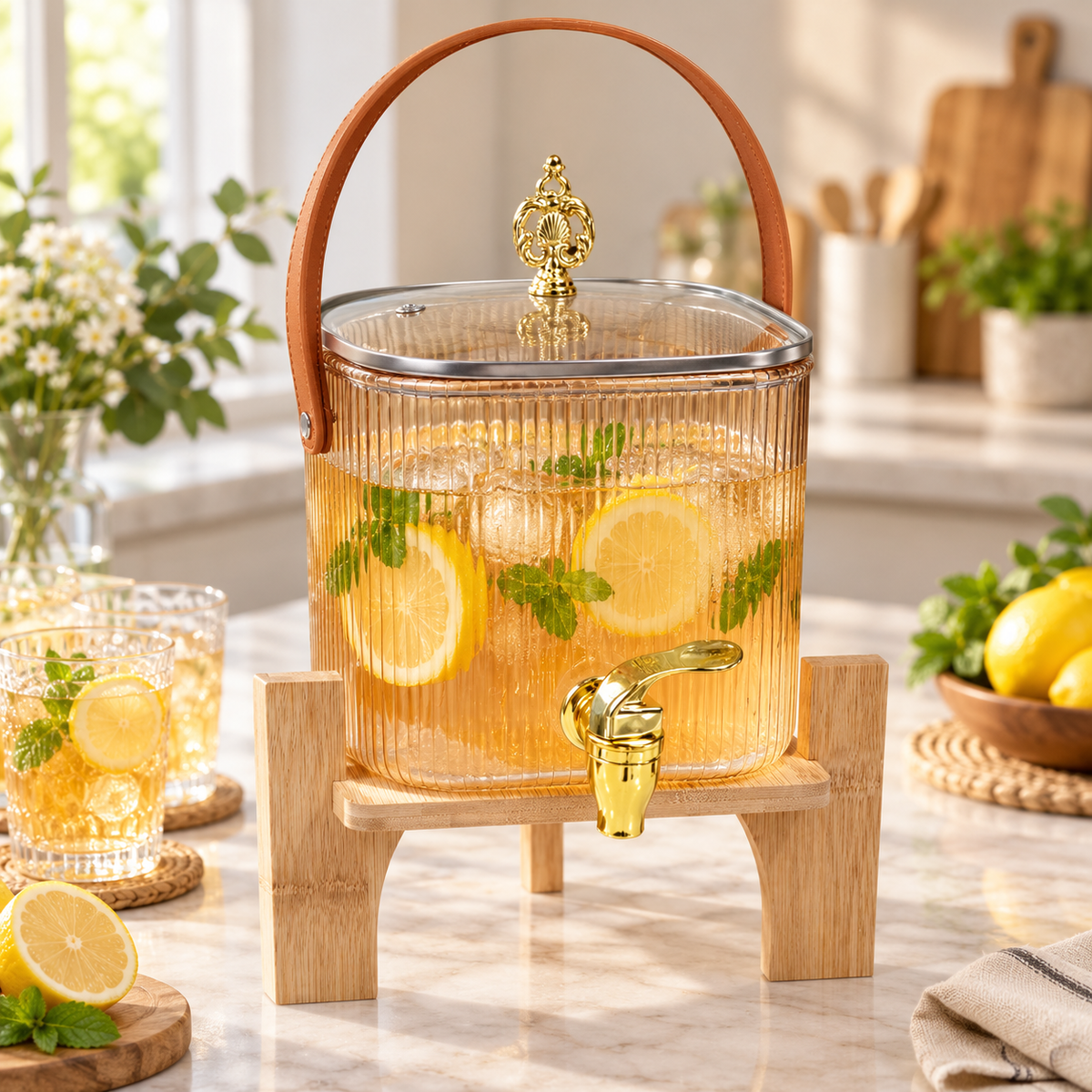 2.6 L Glass Beverage Dispenser with Tap & Bamboo Stand