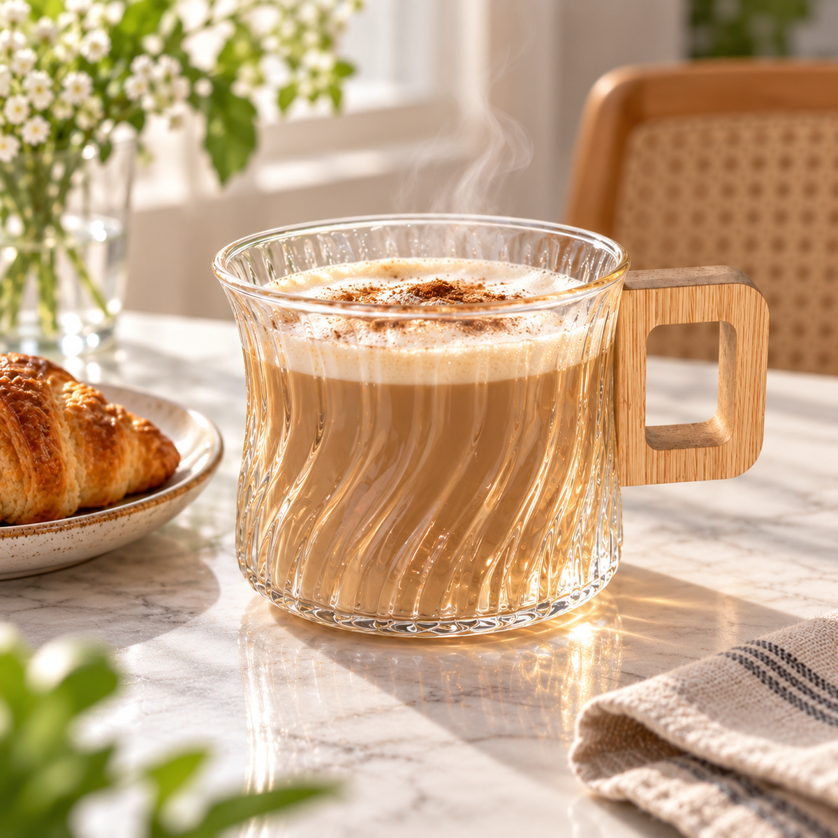 225ml Ribbed Glass Mug with Wooden Handle