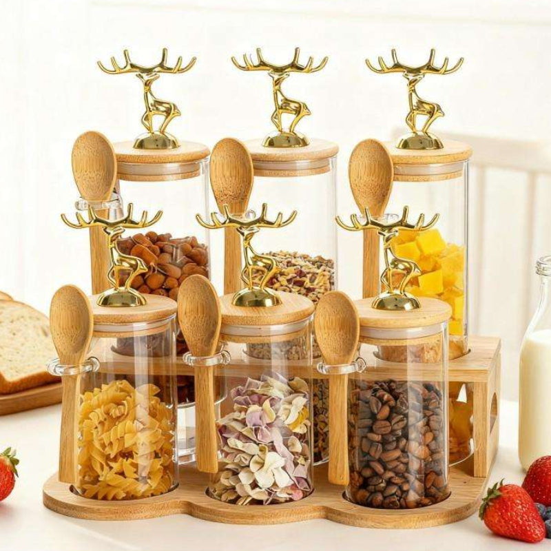 TintedGold 6-Pcs Airtight Storage Jars Set (1106) with Bamboo Spoon & Stand