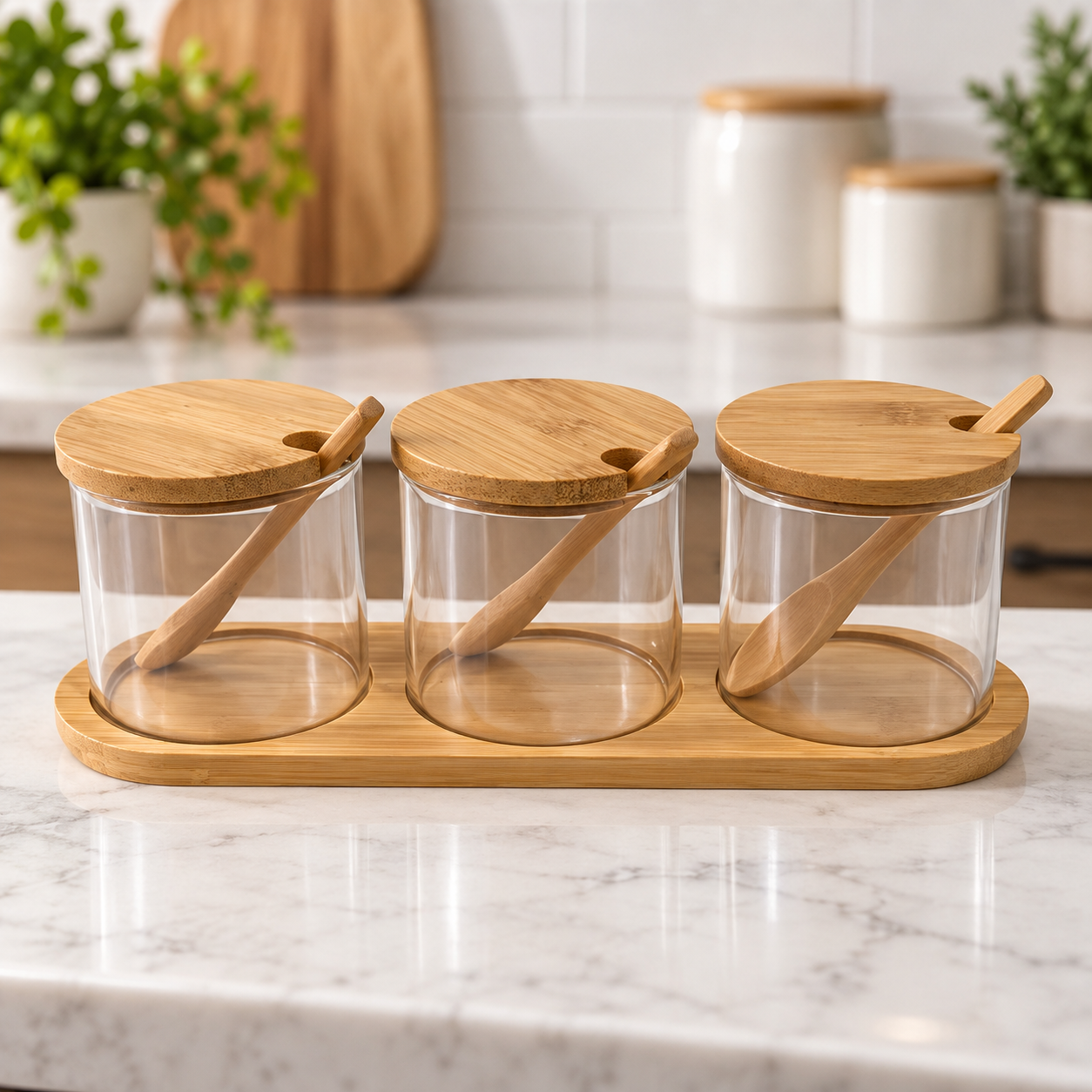 3-Jar Glass Seasoning Set with Bamboo Spoons & Tray