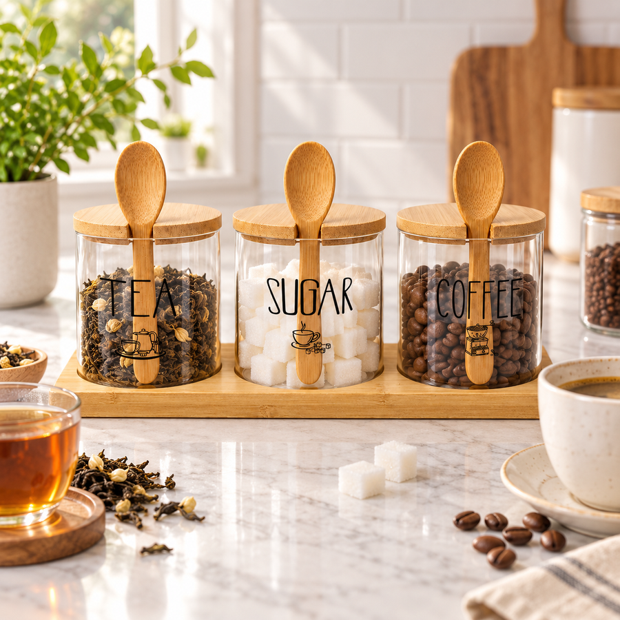 3-Piece Glass Tea, Sugar & Coffee Jar Set with Bamboo Tray