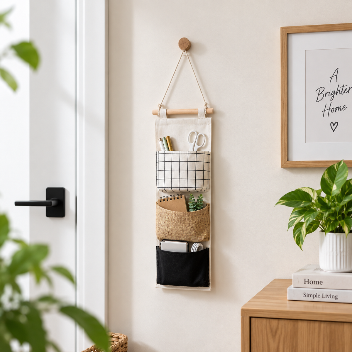 3-Pocket Fabric Wall Organizer with Wooden Rod & Hanging Cord