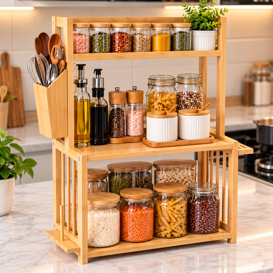 3-Tier Bamboo Spice Rack with Utensil & Cup Holders