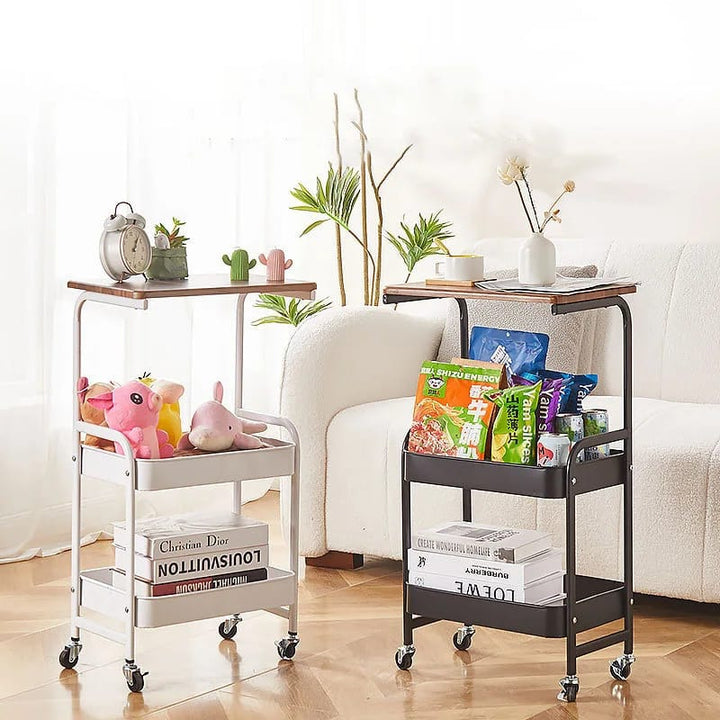 3-Tier Metal Rolling Cart with Wooden Top - All-In-One Store
