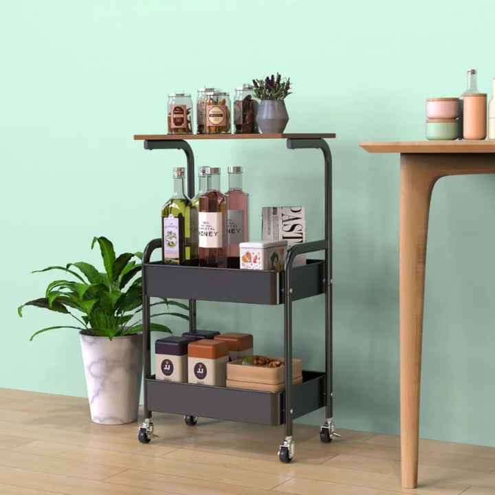 3-Tier Metal Rolling Cart with Wooden Top - All-In-One Store