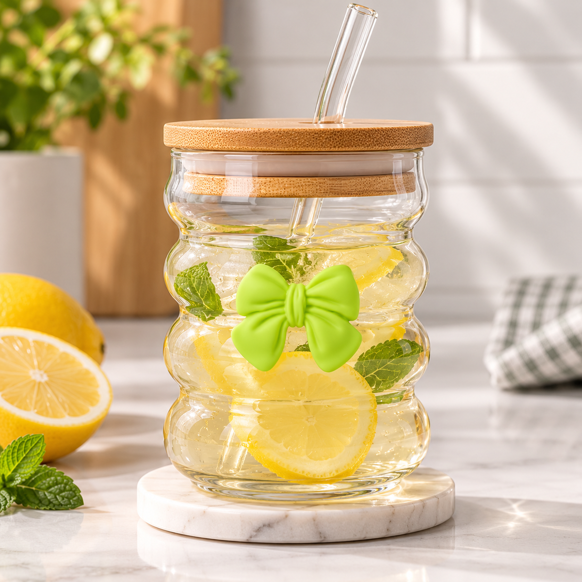 300g Wavy Glass Storage Jar with Bamboo Lid & Decorative Bow