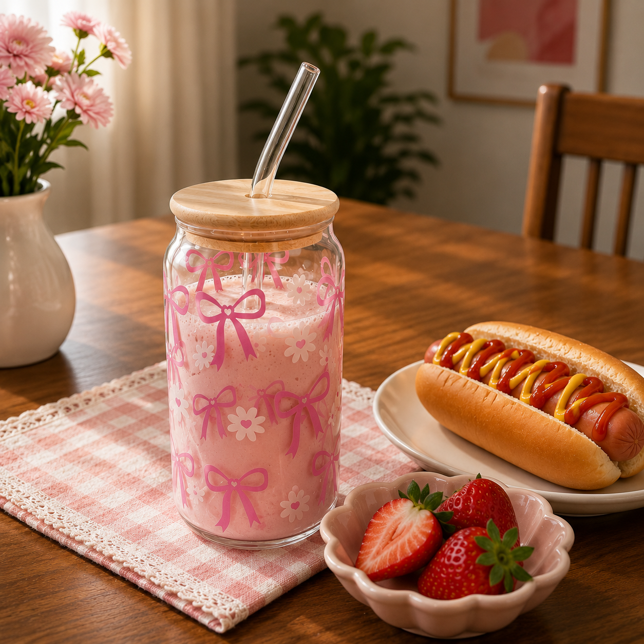 Printed Bow Glass Tumbler with Straw