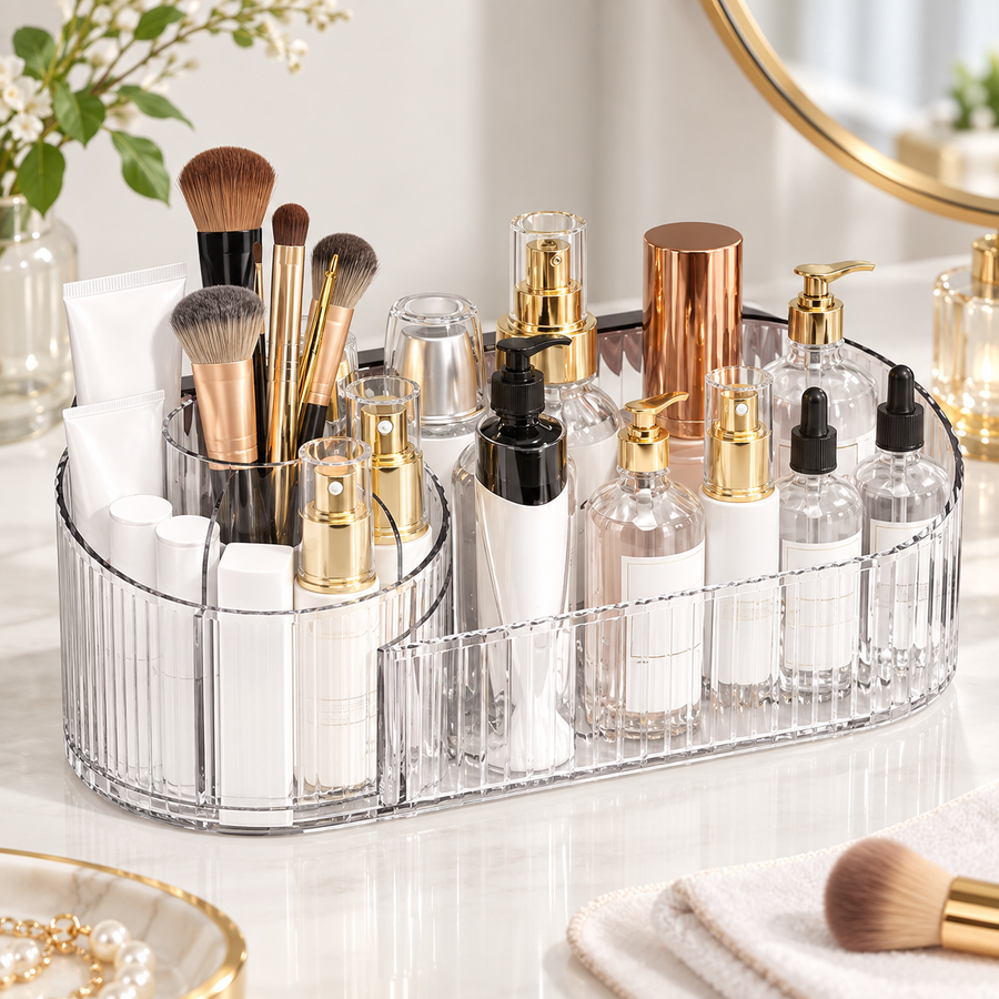 360° Rotating Makeup Organizer with Divided Storage