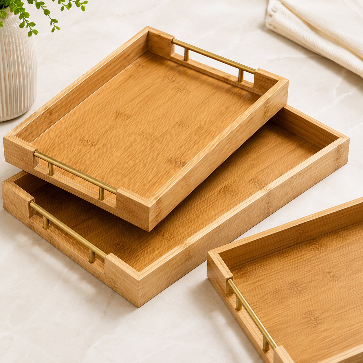 3 Piece Bamboo Serving Tray Set with Gold Handles – Rectangular Trays