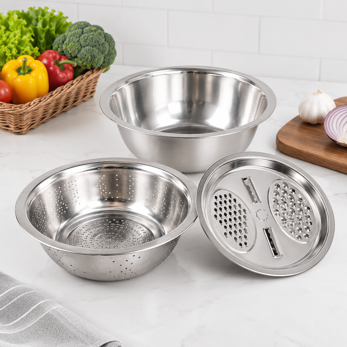 3 Piece Stainless Steel Grater & Colander Bowl Set