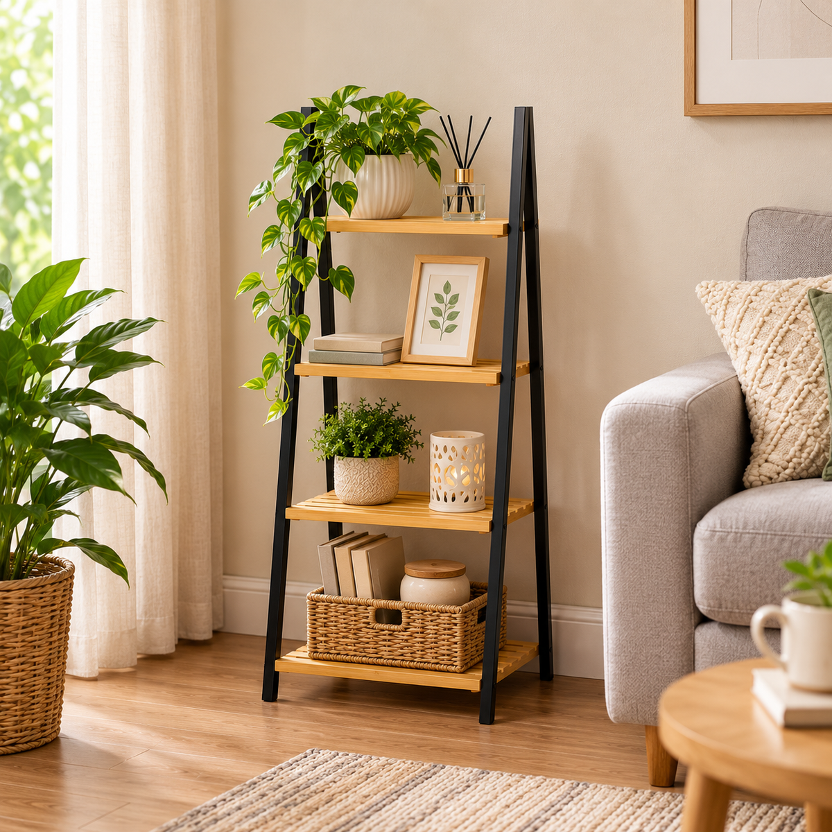 4-Tier Bamboo Display Shelf with Black Metal Frame