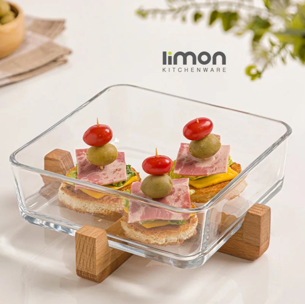 SnackEase Wooden X-Base Server with Glass Dish (2163) by Limon