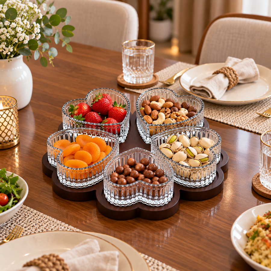 5-Piece Heart-Shaped Glass Bowl Set with 360° Rotating Tray