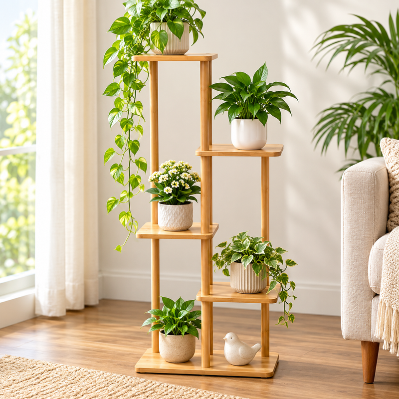 5-Tier Bamboo Plant & Décor Stand with Staggered Shelves