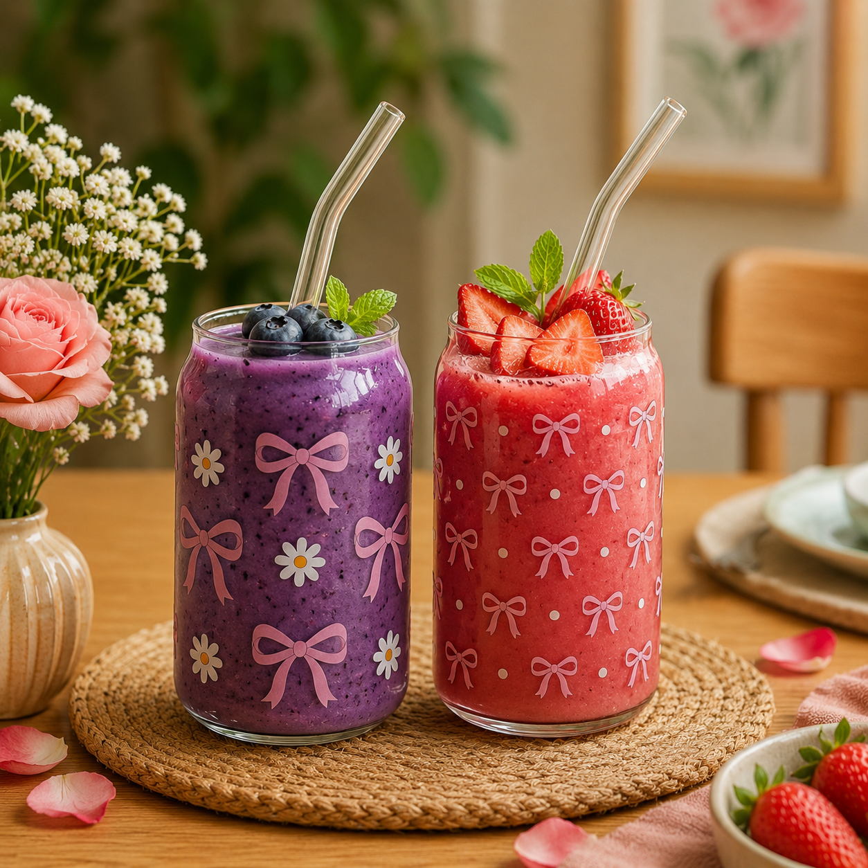 Printed Bow Glass Tumbler with Straw