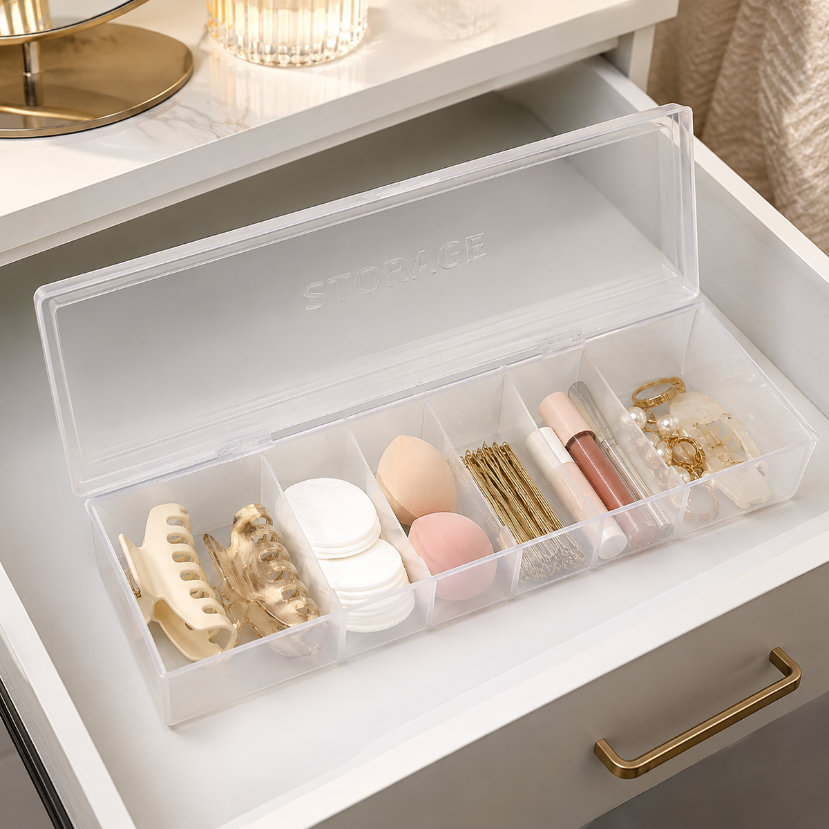 6-Compartment Transparent Storage Box with Hinged Lid