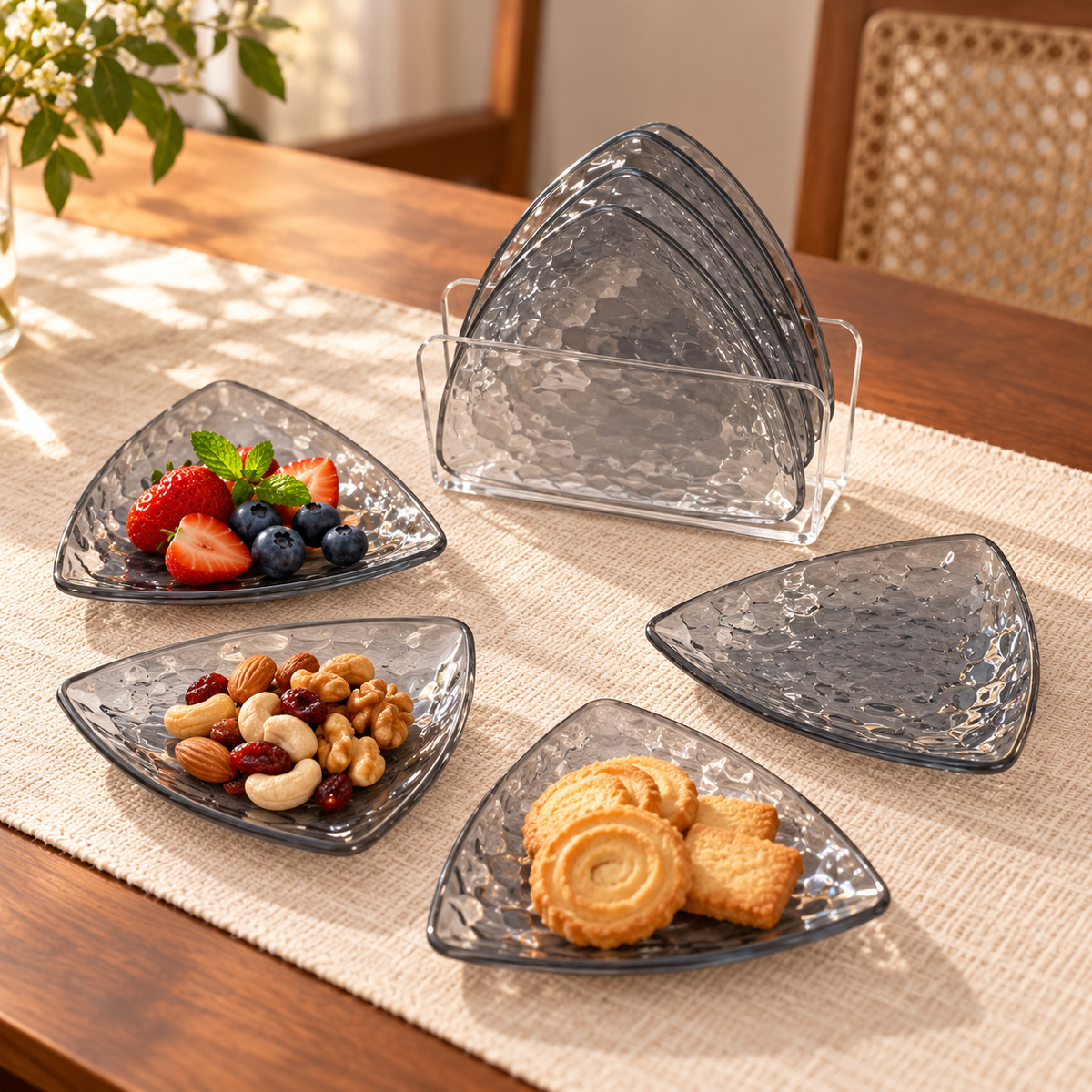 6-Piece Textured Acrylic Snack Plate Set with Organiser Stand