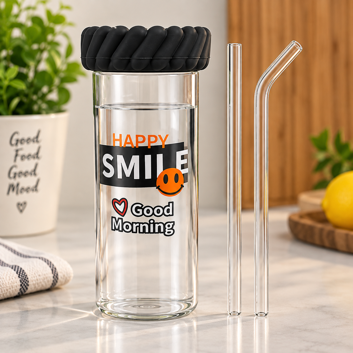 600 ml Glass Straw Bottle with Measurement Markings