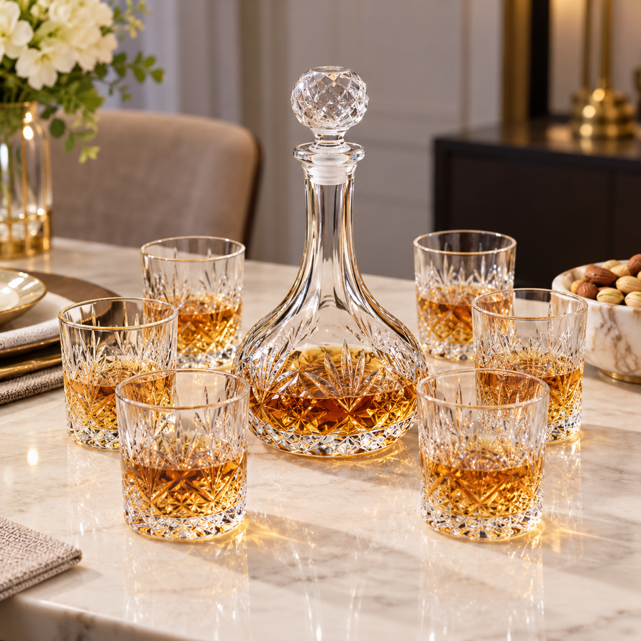 7-Piece Starburst Glass Decanter Set with 6 Tumblers