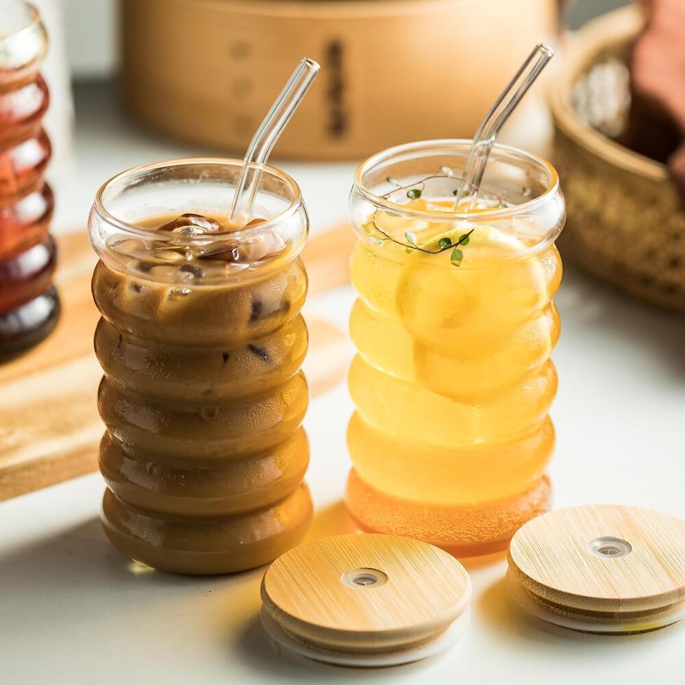 BubbleWave Glass Tumbler with Wooden Lid & Straw