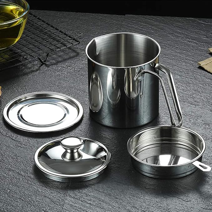 Premium Stainless Steel Oil Filter Pot with Fine Mesh Strainer