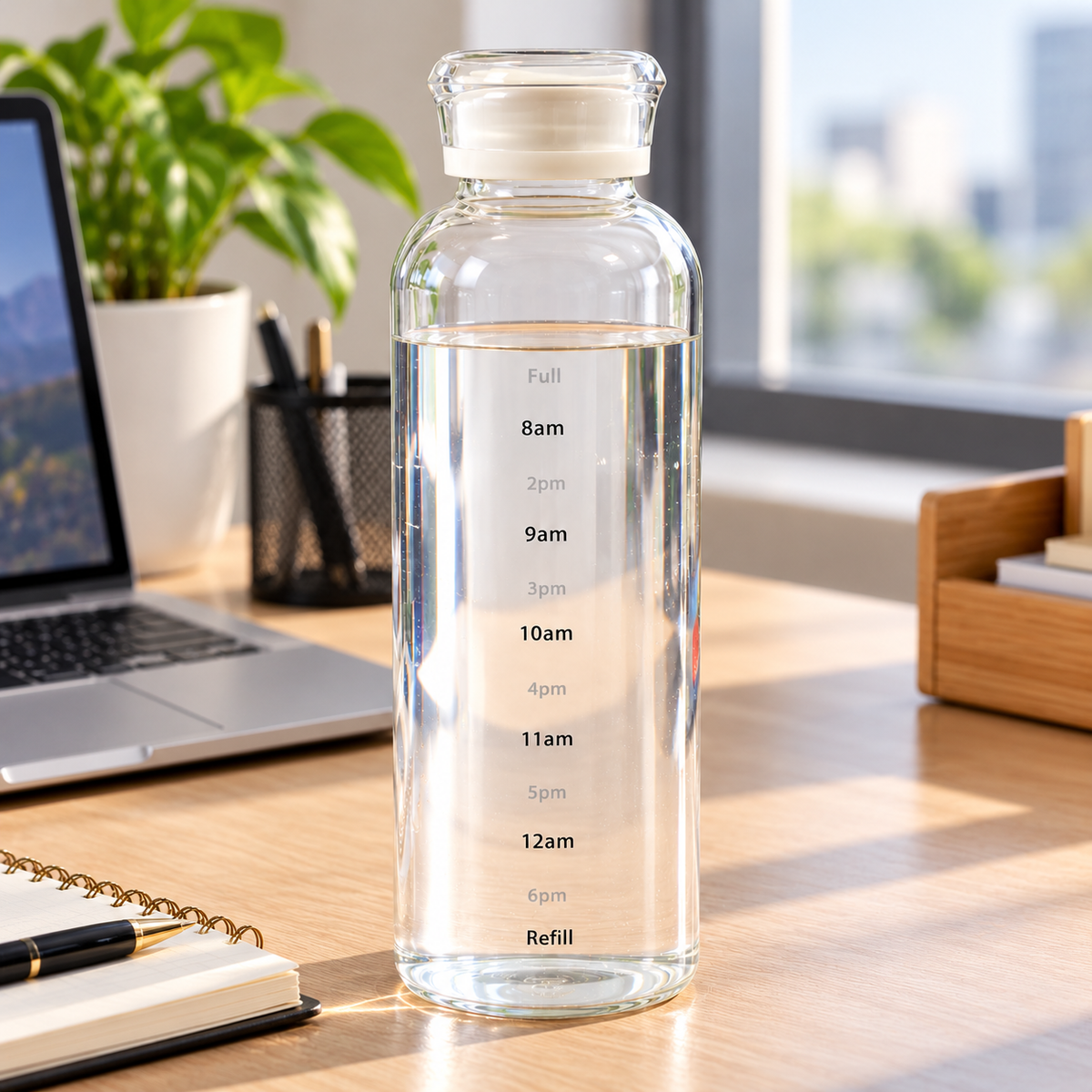 750 ml Glass Water Bottle with Time Reminder Markings