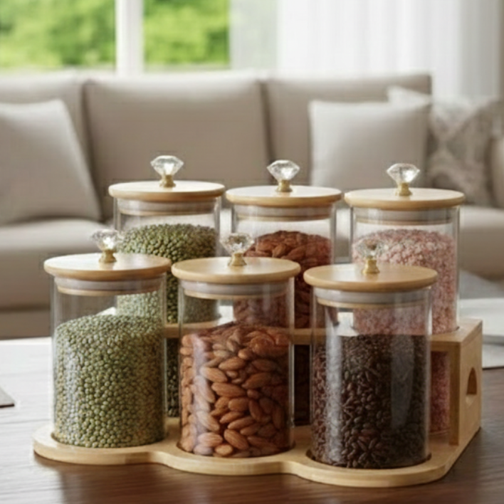DiamondTop 6-Pcs Glass Jar Set with Bamboo Stand (1118)