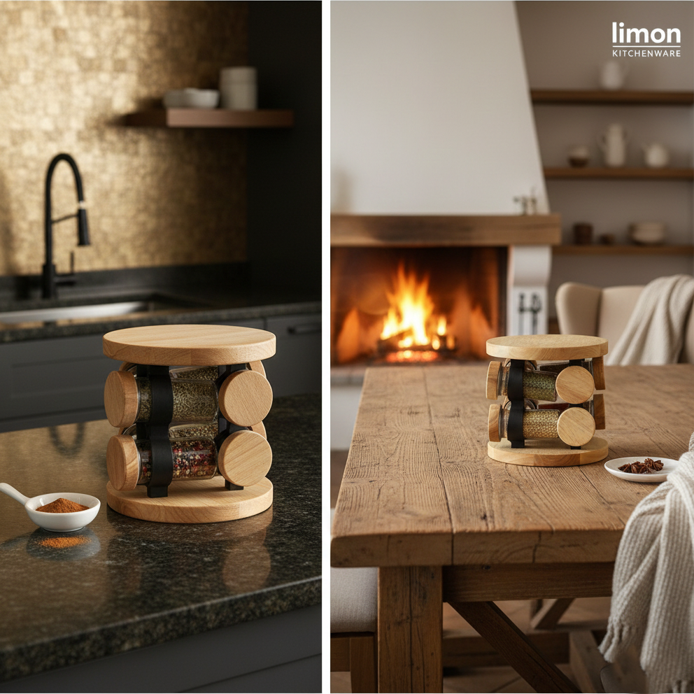 Wooden 360° Rotating Glass Spice Jars Set by Limon