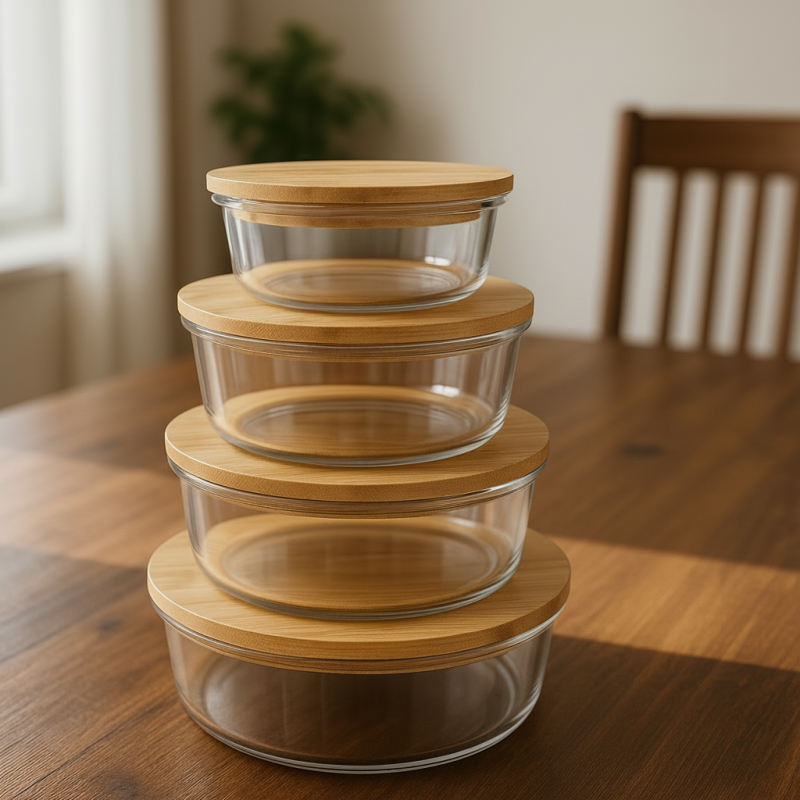 4Pcs Airtight Bamboo-Lid Glass Bowls Set – Round