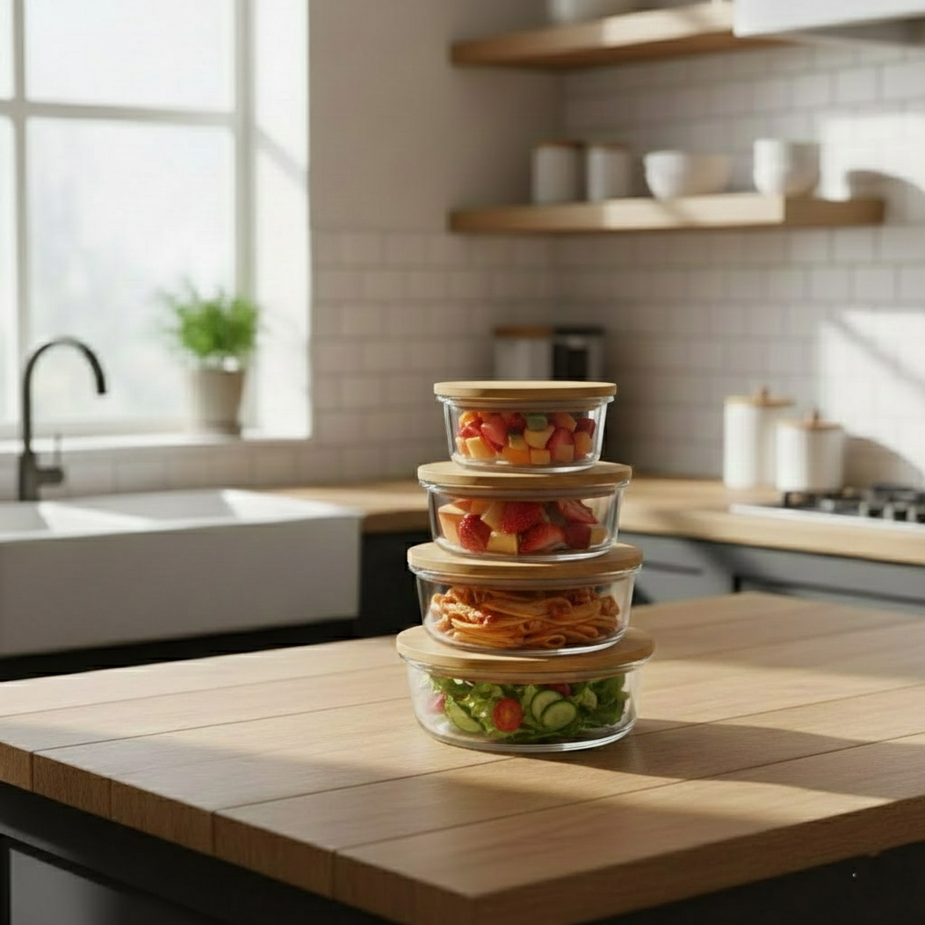 4Pcs Airtight Bamboo-Lid Glass Bowls Set – Round