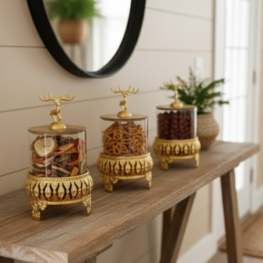Royal 3-Pcs Golden Base TintedGlass Jars with Lid (1129)