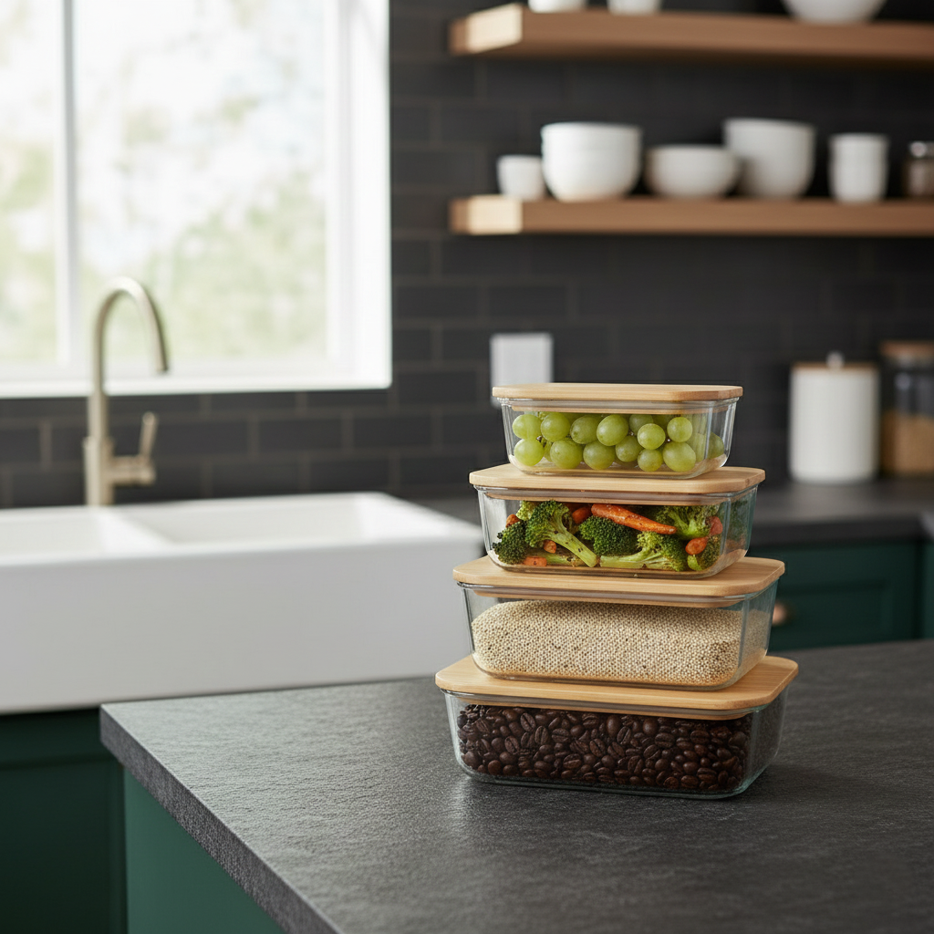 4Pcs Airtight Bamboo-Lid Glass Bowls Set – Rectangle