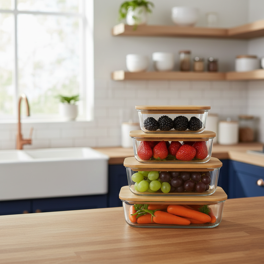 4Pcs Airtight Bamboo-Lid Glass Bowls Set – Rectangle