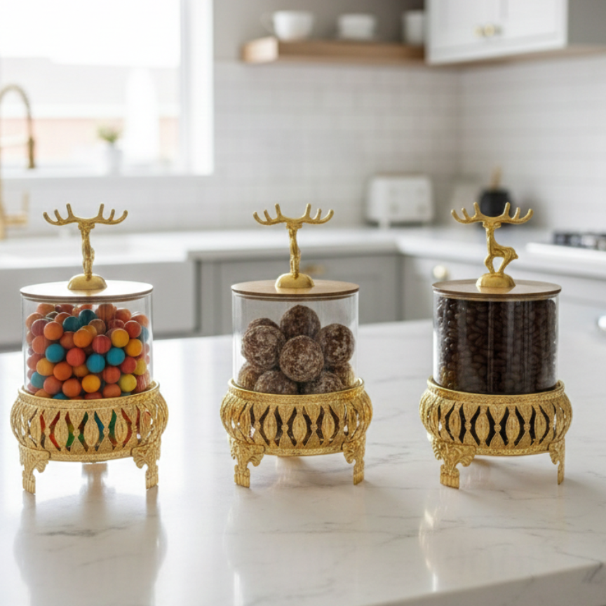 Royal 3-Pcs Golden Base TintedGlass Jars with Lid (1129)