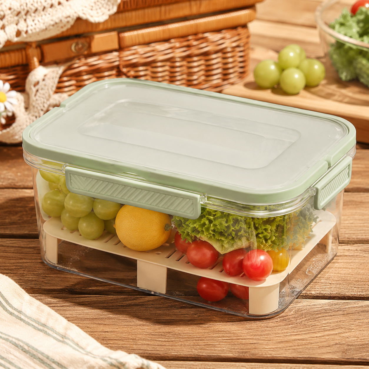 Airtight Produce Storage Container with Raised Slotted Tray