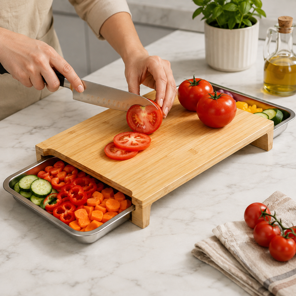 Bamboo Cutting Board with 2 Sliding Stainless Steel Trays