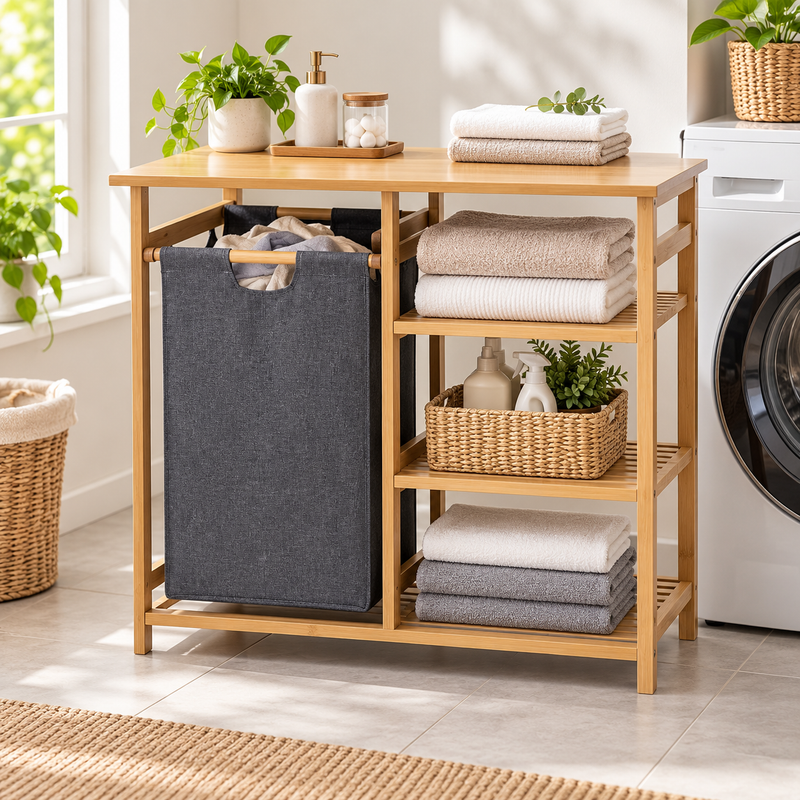 Bamboo Laundry Organizer with Removable Basket & 3 Shelves