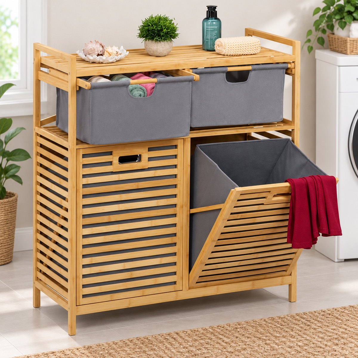 Bamboo Laundry Sorter with 2 Tilt-Out Hampers & Storage
