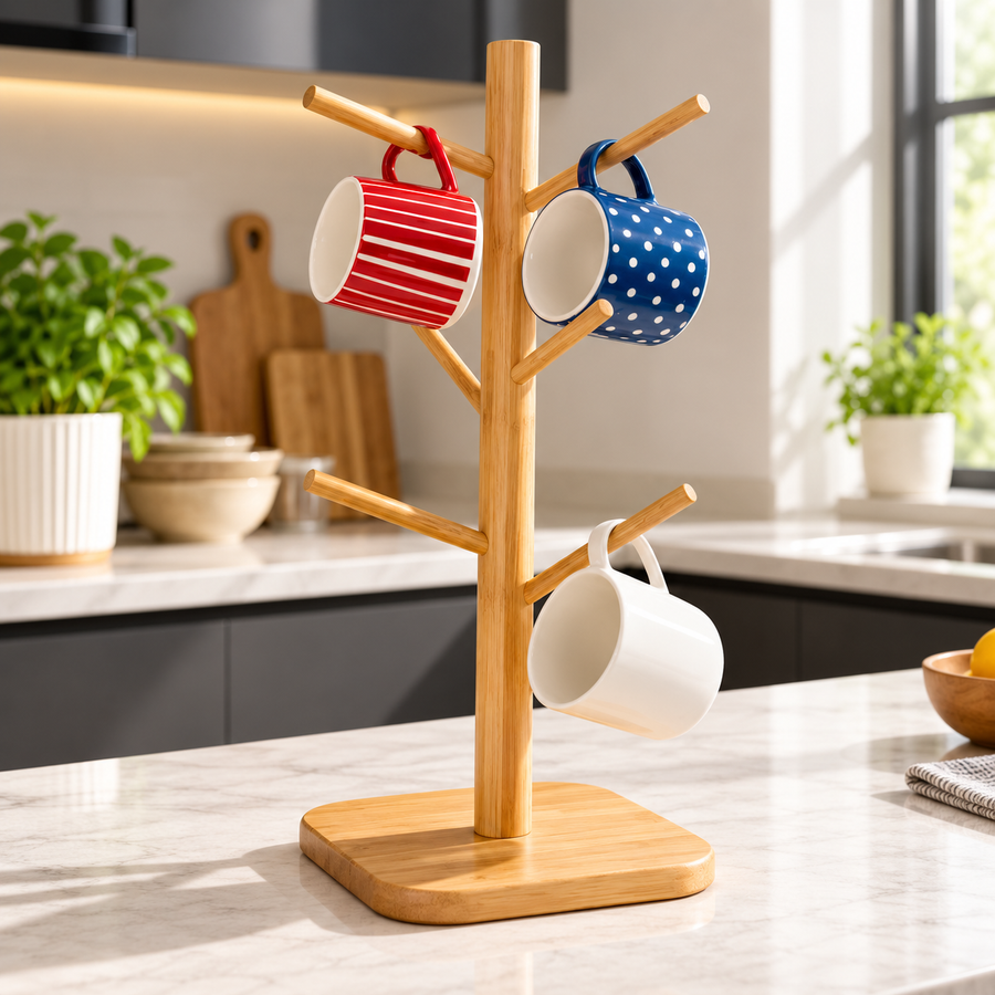 Bamboo Mug Tree Stand with 6 Hooks – Fully Assembled