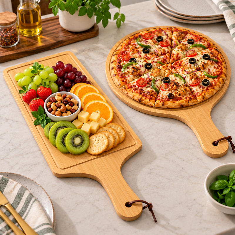 Bamboo Pizza & Snack Serving Tray with Handle – 2 Shapes