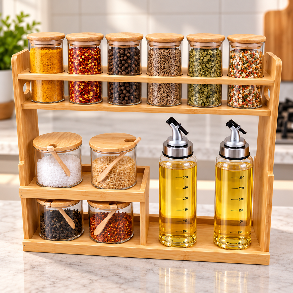 Bamboo Spice Rack Set with 10 Glass Jars & 2 Oil Dispensers