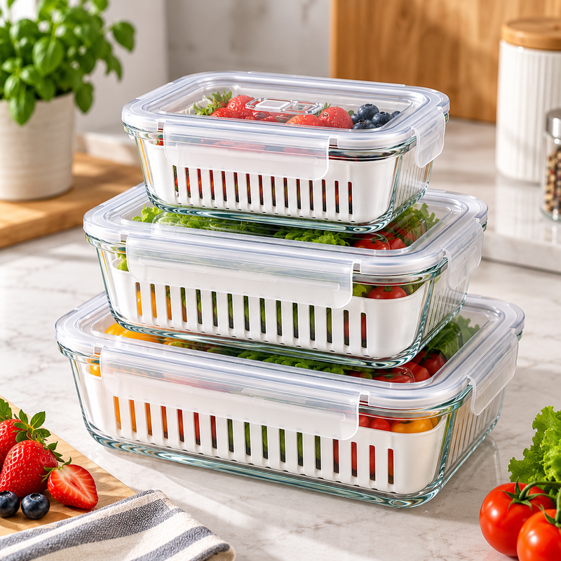 Borosilicate Glass Food Container with Removable Drain Basket
