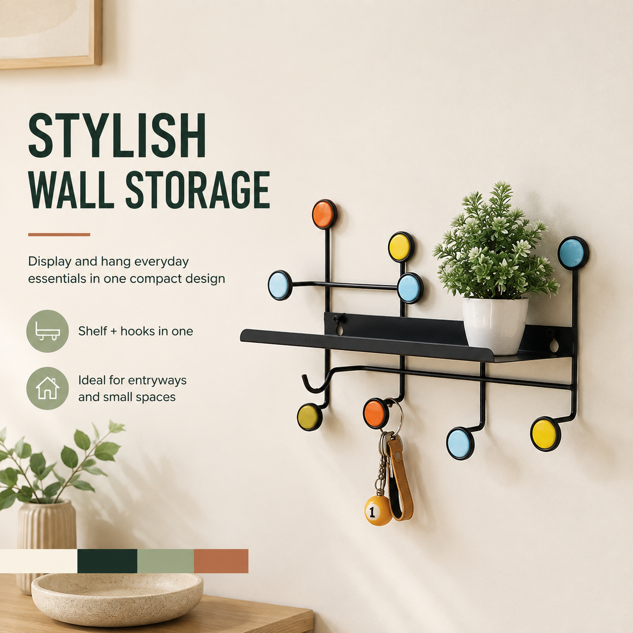 Nordic Style Wall Shelf With Hooks - Rectangle