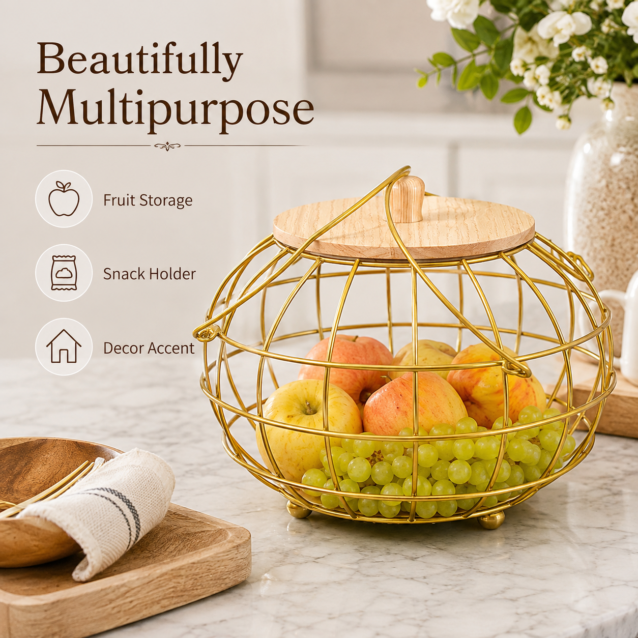 Golden Multipurpose Basket with Wooden Lid & Handles by Matrix
