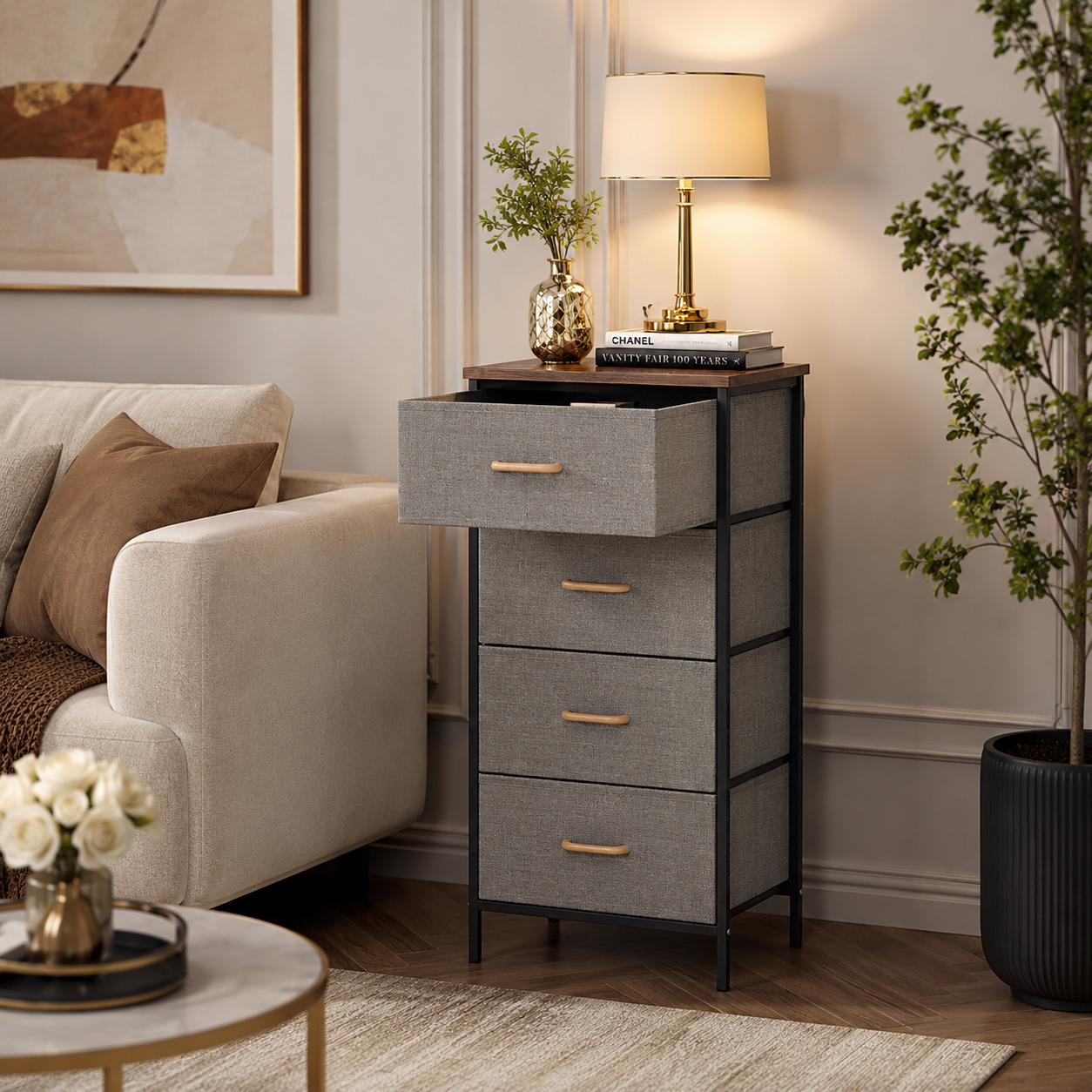 Fabric Drawers Storage Tower with Wooden Top
