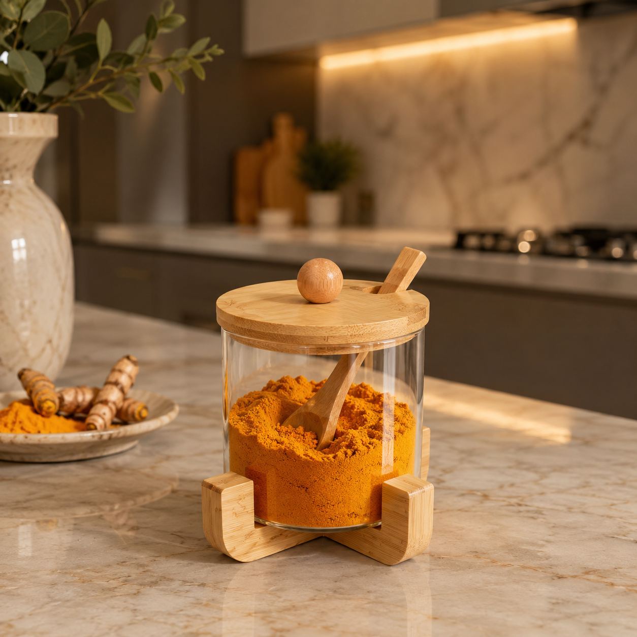 LuxeWood Glass Jar with Stand and Spoon