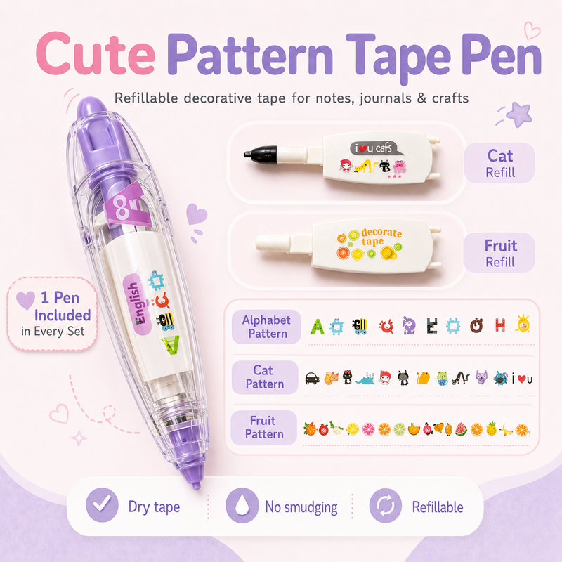 Refillable Cute Pattern Tape Pen for Journaling & Crafts