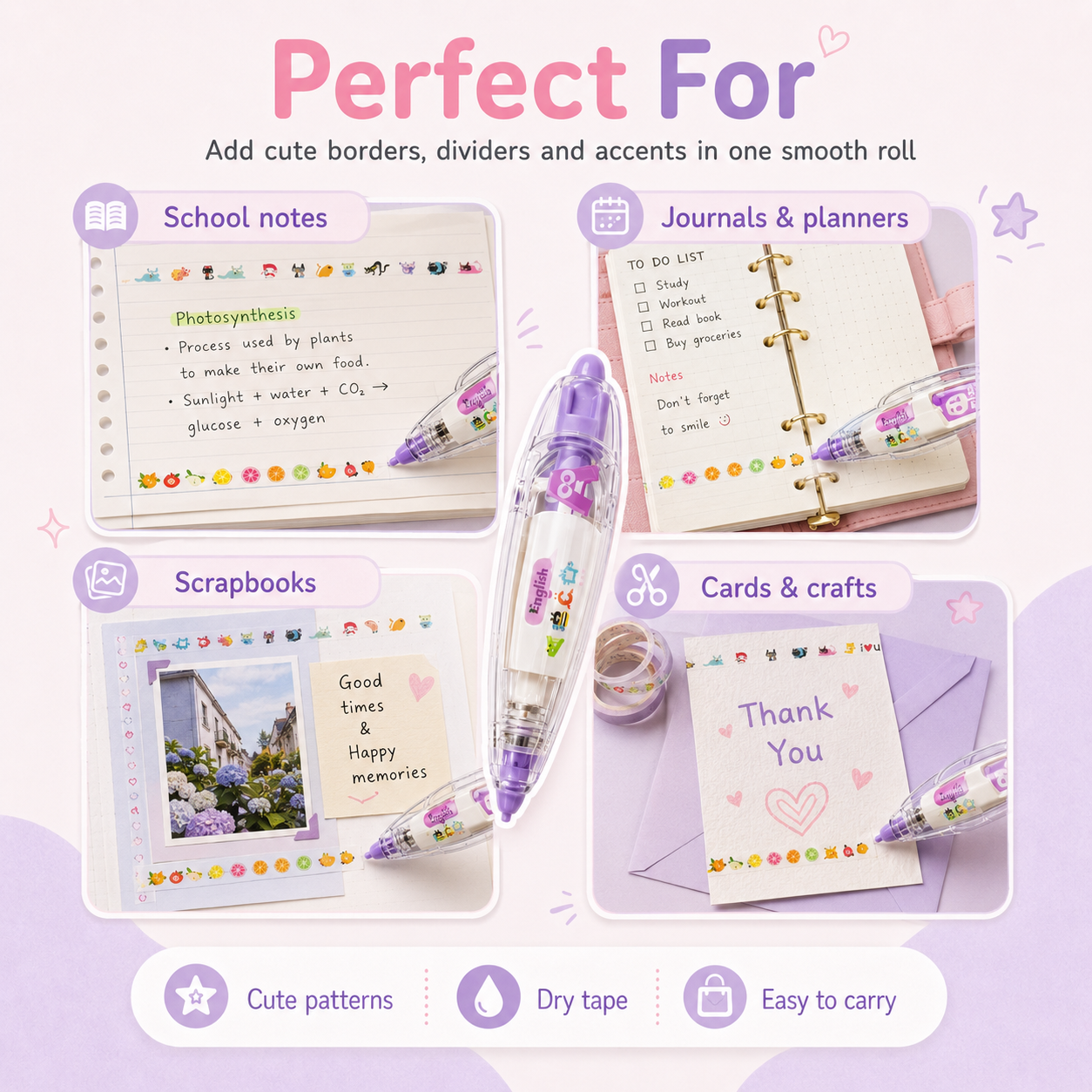 Refillable Cute Pattern Tape Pen for Journaling & Crafts